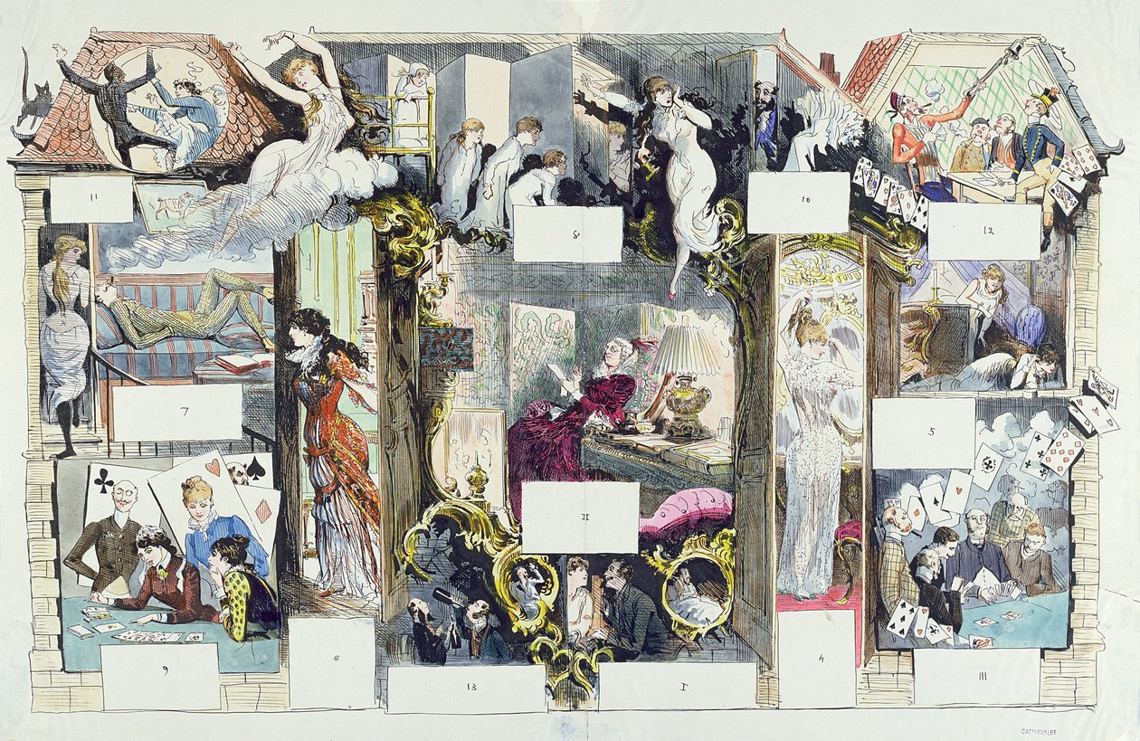 Seção transversal de uma casa parisiense, ilustração de La Vie Parisienne, c.1875 (gravura de cor) de French School
