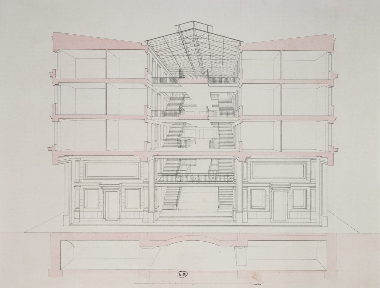 Seção transversal de uma casa no conjunto habitacional de Napoleão, 58 rue Rochechouart, Paris, 1849 de French School