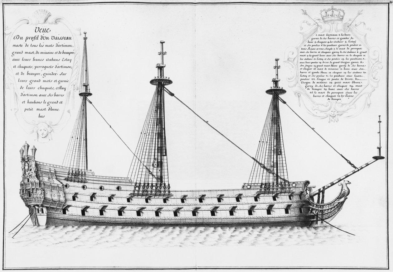 Seção transversal do totalmente concluído dentro de um navio, ilustração do Atlas de Colbert, placa 37 de French School
