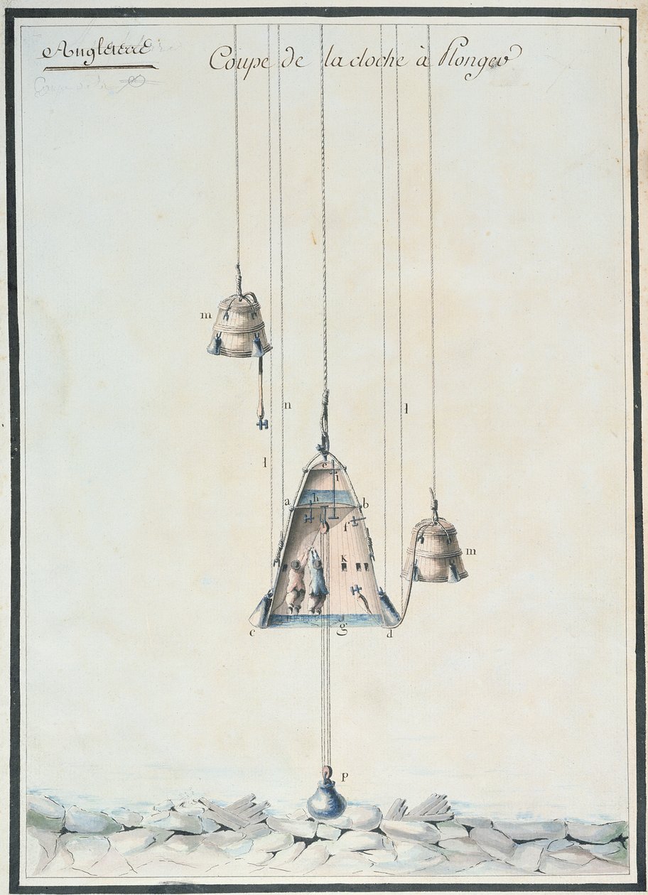 Desenho transversal de um sino de mergulho, 1785 (wc no papel) de French School