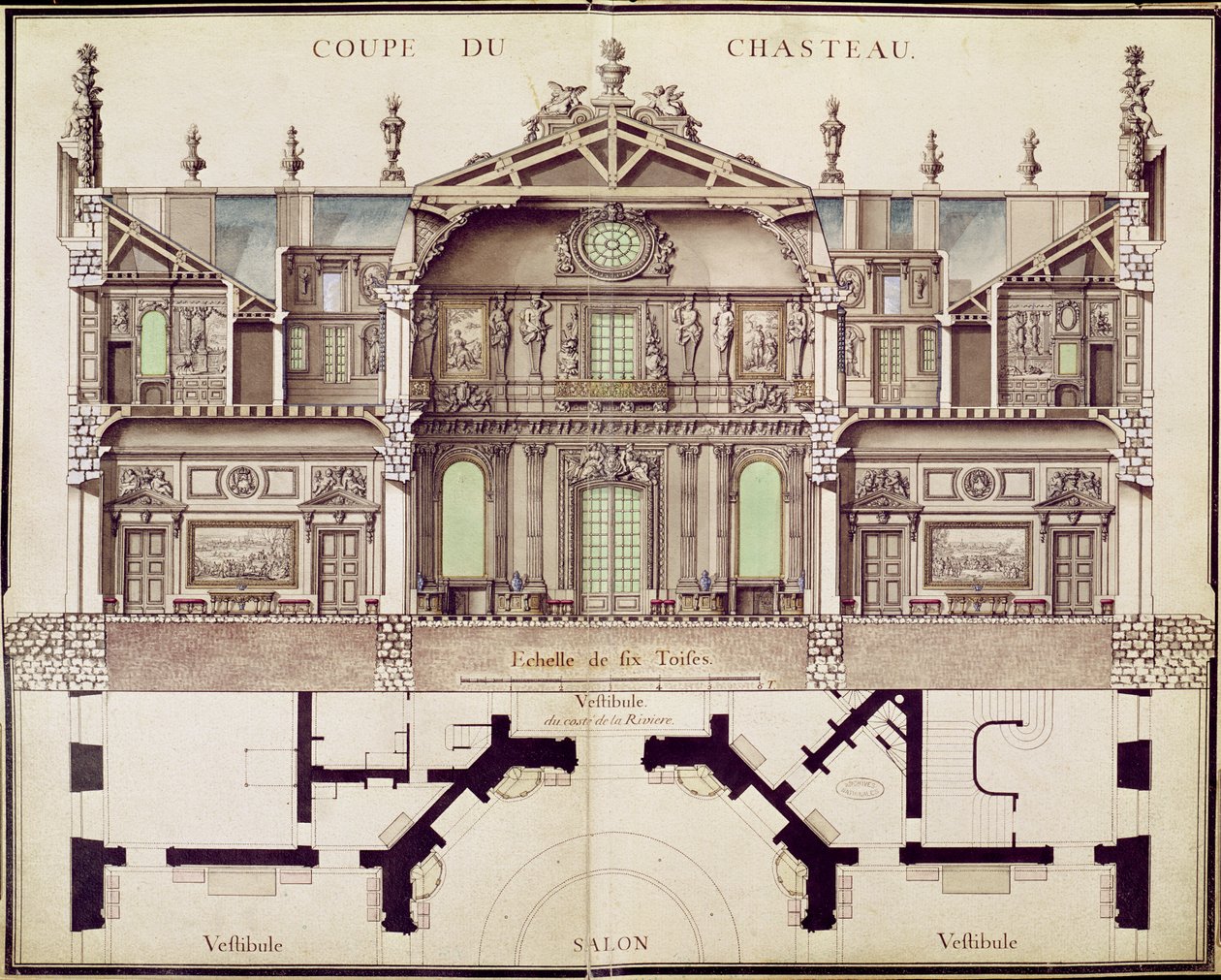 Plano de corte transversal do Chateau de Marly, 1714 de French School