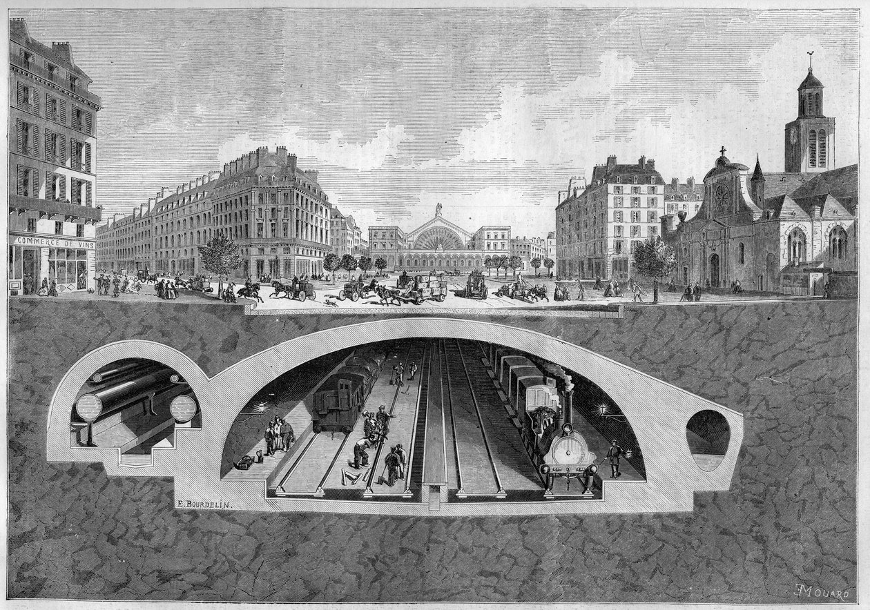 Troço transversal representando o projecto de metro em Paris, do Vilette aos salões centrais, em 1861. Gravura no "Le Monde Illustré" n°213 de 11 de Maio de 1861. de French School