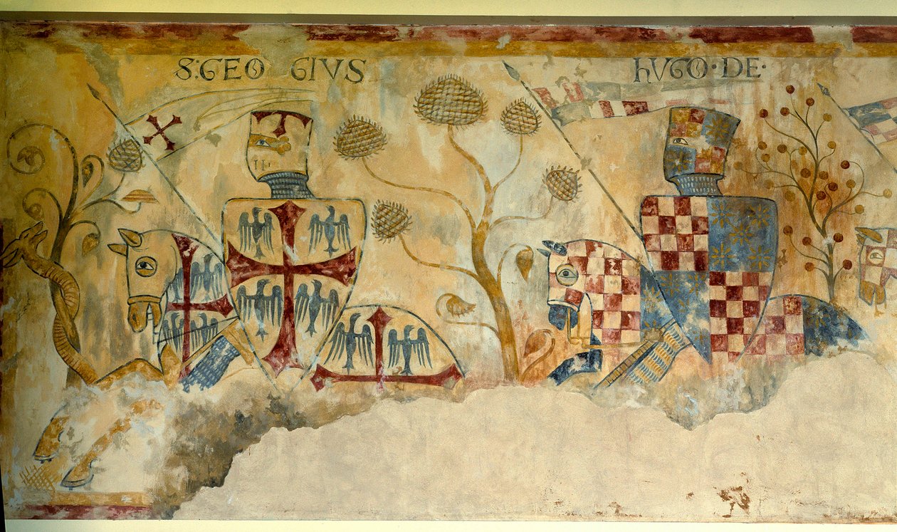 Cruzada: partida dos Cavaleiros para a Cruzada: representação de São Jorge e Hugh I de Vermandois (1057-1102) (?) ou Hugh XII de Lusignan (?). Pormenor de um fresco de São Jacques de Gueret de French School