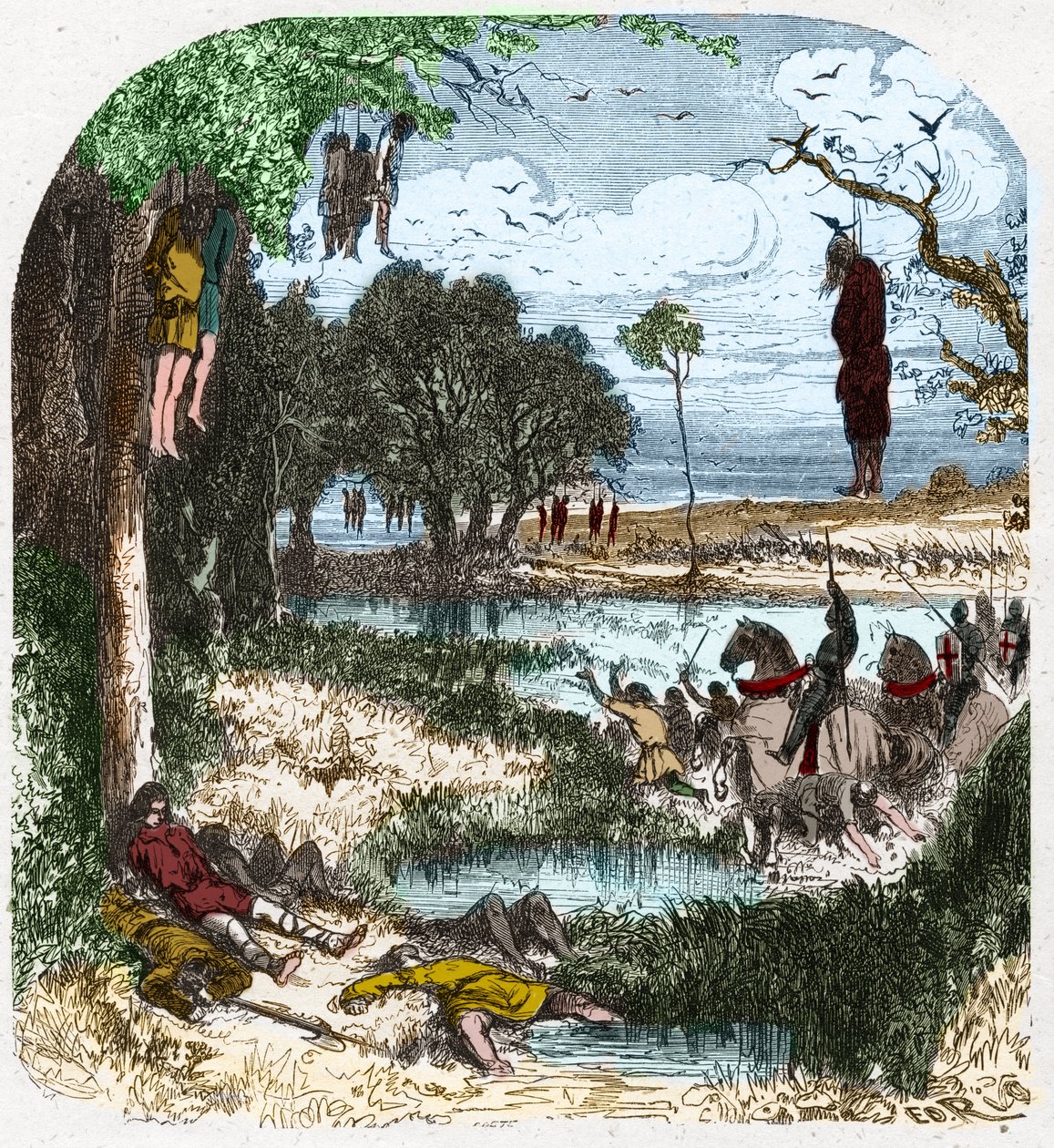 Cruzada de Pastoureaux em 1251: Cruzada de "petite gens", camponeses; foi provocada em 1251 pelo cativeiro de Saint Louis durante a sétima cruzada. Gravação em "Histoire De France En Cent Paintings de Paul Lehugeur "1891. de French School