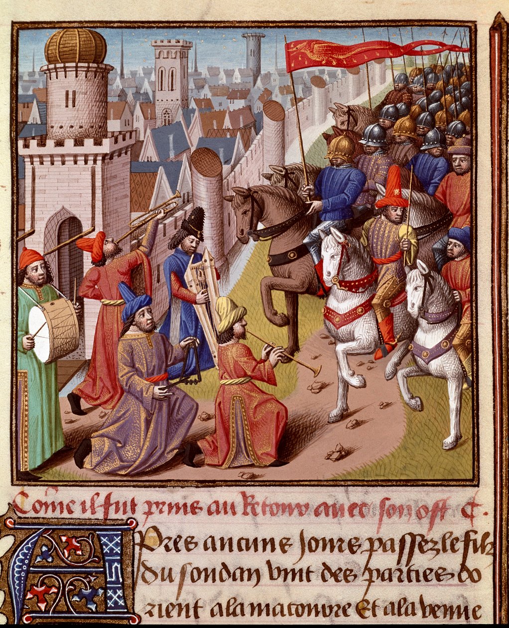 Cruzada: regresso do exército francês da Terra Santa. Miniatura em "Le miroir historial" (Speculum Historiale) (ms. 1196, fol. 372) por Vincent de Beauvais (1190-1264) traduzido para o francês por Jean de Vignay de French School