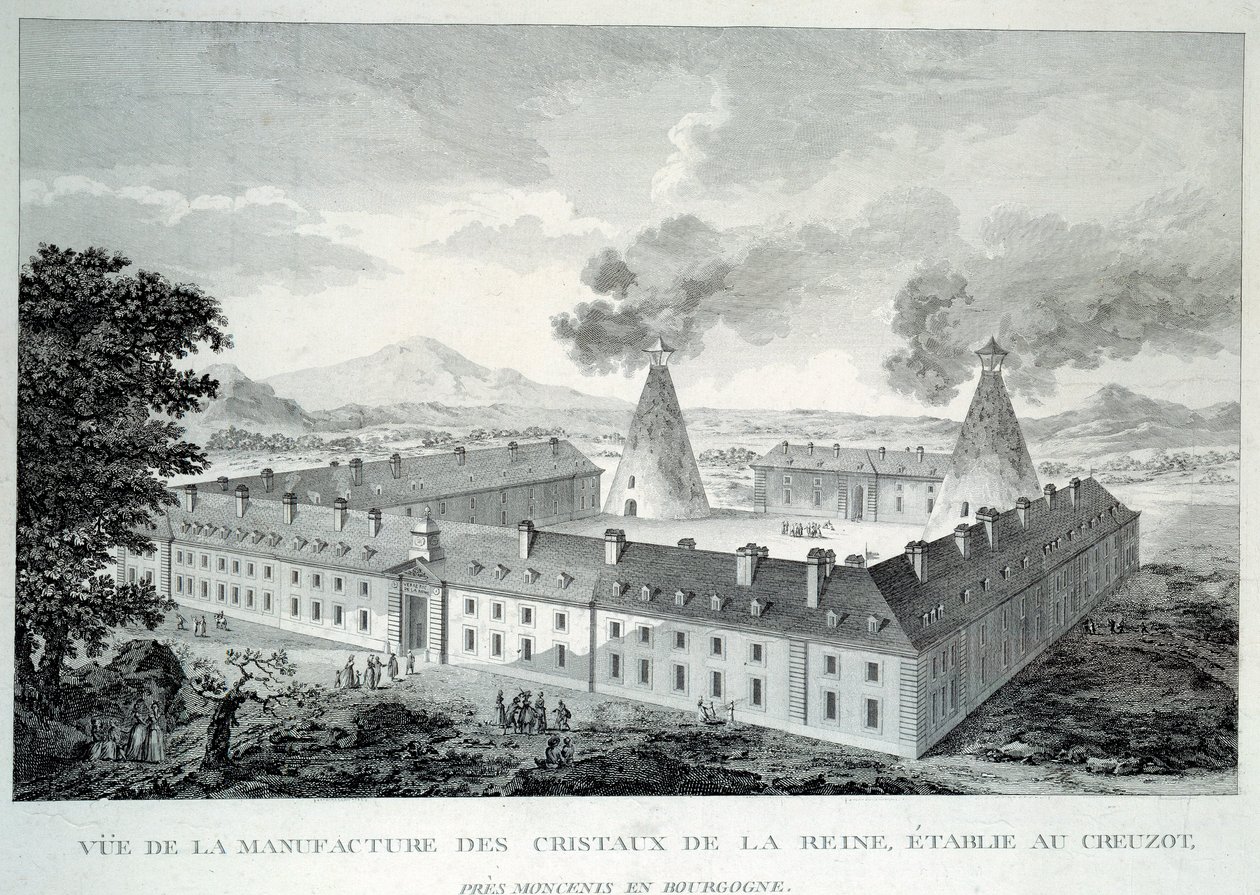 Obras de cristal da Rainha Maria Antonieta em Creusot, perto de Moncenis, na Borgonha. Gravura a partir de 1787. Le Creusot, Ecomuseu de French School