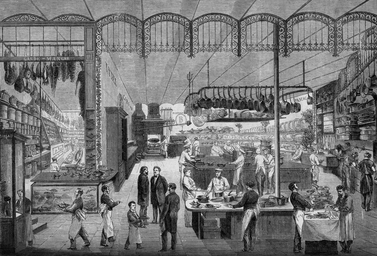 Cozinheiros e garçons trabalhando nas cozinhas do Café Riche, em Paris, em 1866. Gravura em "Le Monde Illustre" n°499 de 3 de Novembro de 1866. de French School