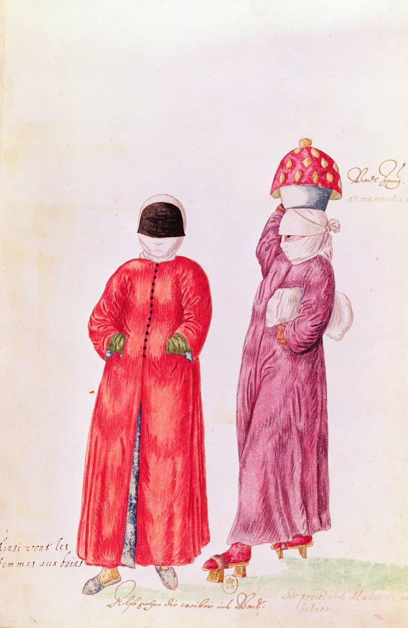 Costumes e costumes dos países orientais e diferentes estados de vestimenta - mulheres indo tomar banho, 1513 (gravura colorida) de French School
