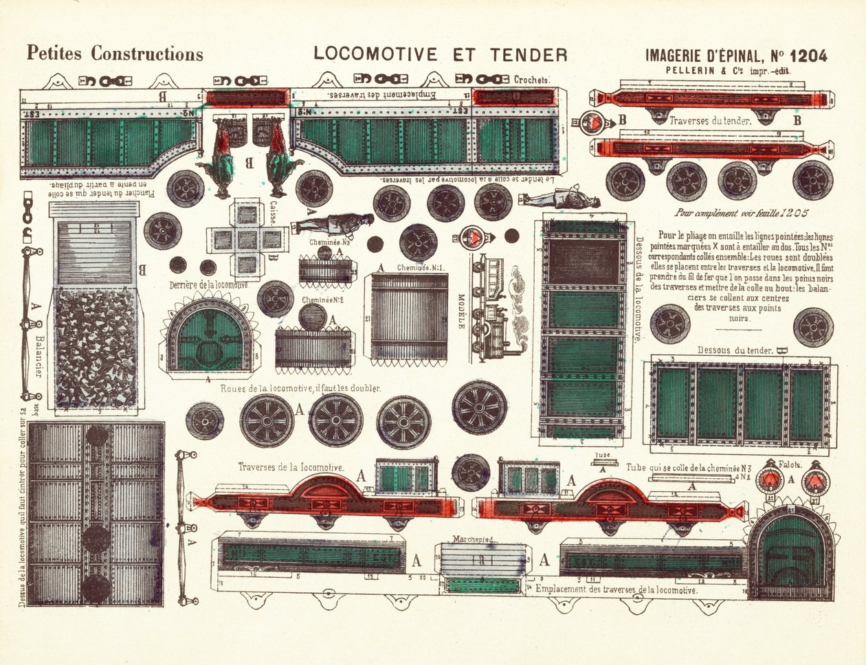 Desenhos para uma Locomotiva a Vapor e Tender, c.1880 (cor litho) de French School