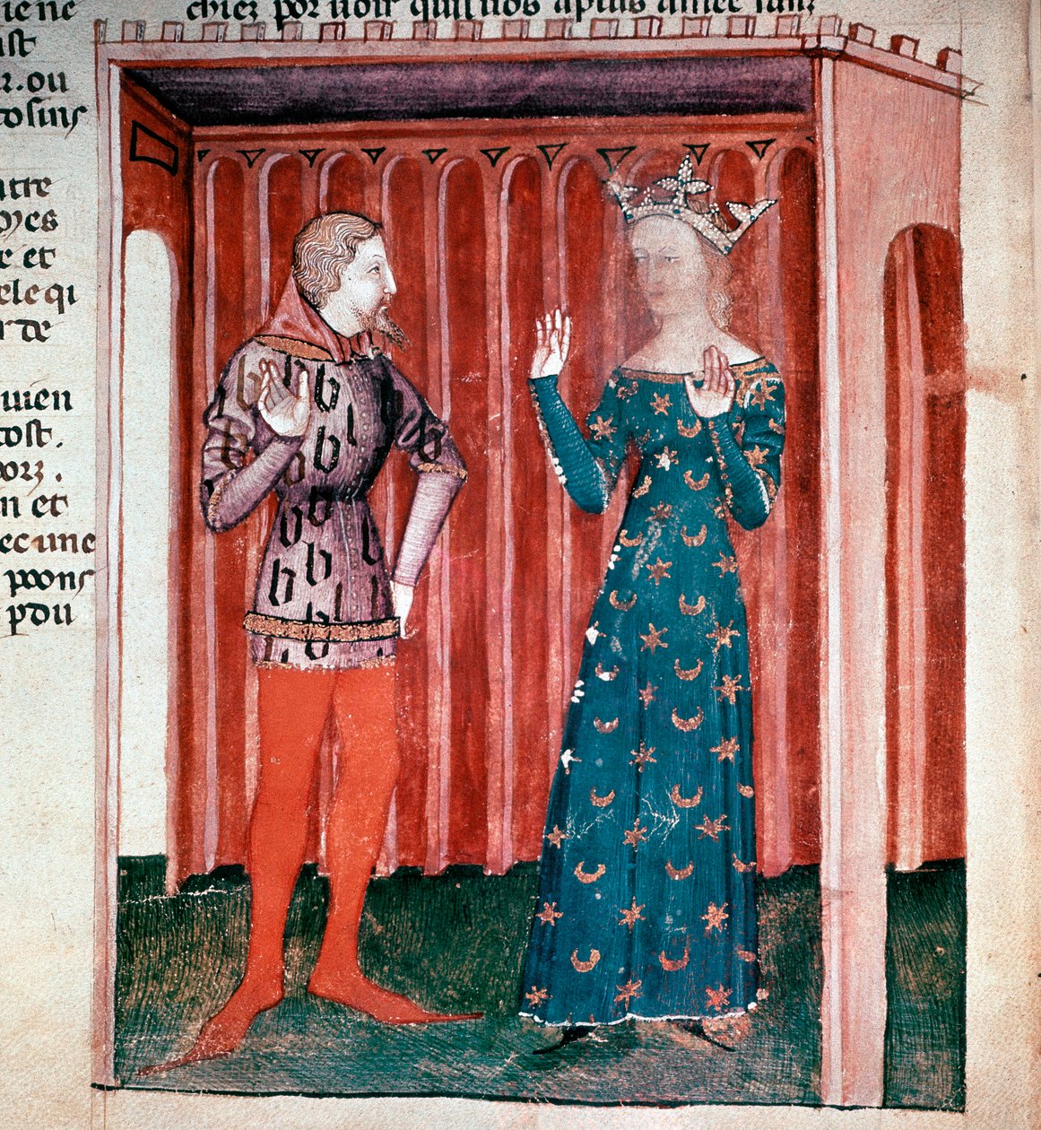 Ciclo do Rei Artur: O Cavaleiro Lancelot du Lac e a Rainha Guenievre. Miniatura do manuscrito "La quete du saint grail" (ms. fr 343 fol. 6) 1380-1385 Paris B.N. de French School
