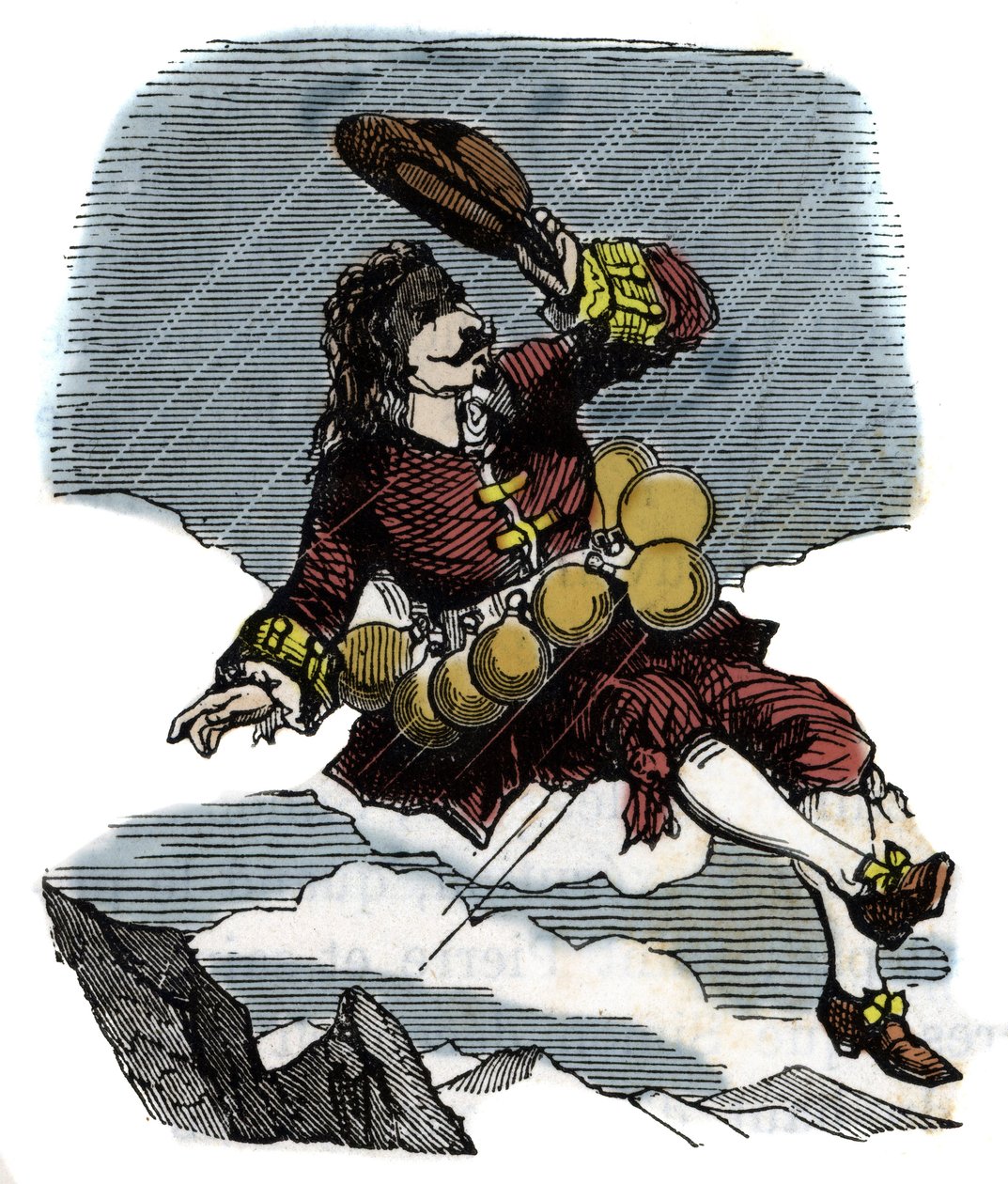 Cyrano de Bergerac ergue-se no céu graças a frascos de rosas e viagem à lua, ilustração do romance de Hercules Savinien Cyrano de Bergerac (1619-1655): "O outro mundo". de French School