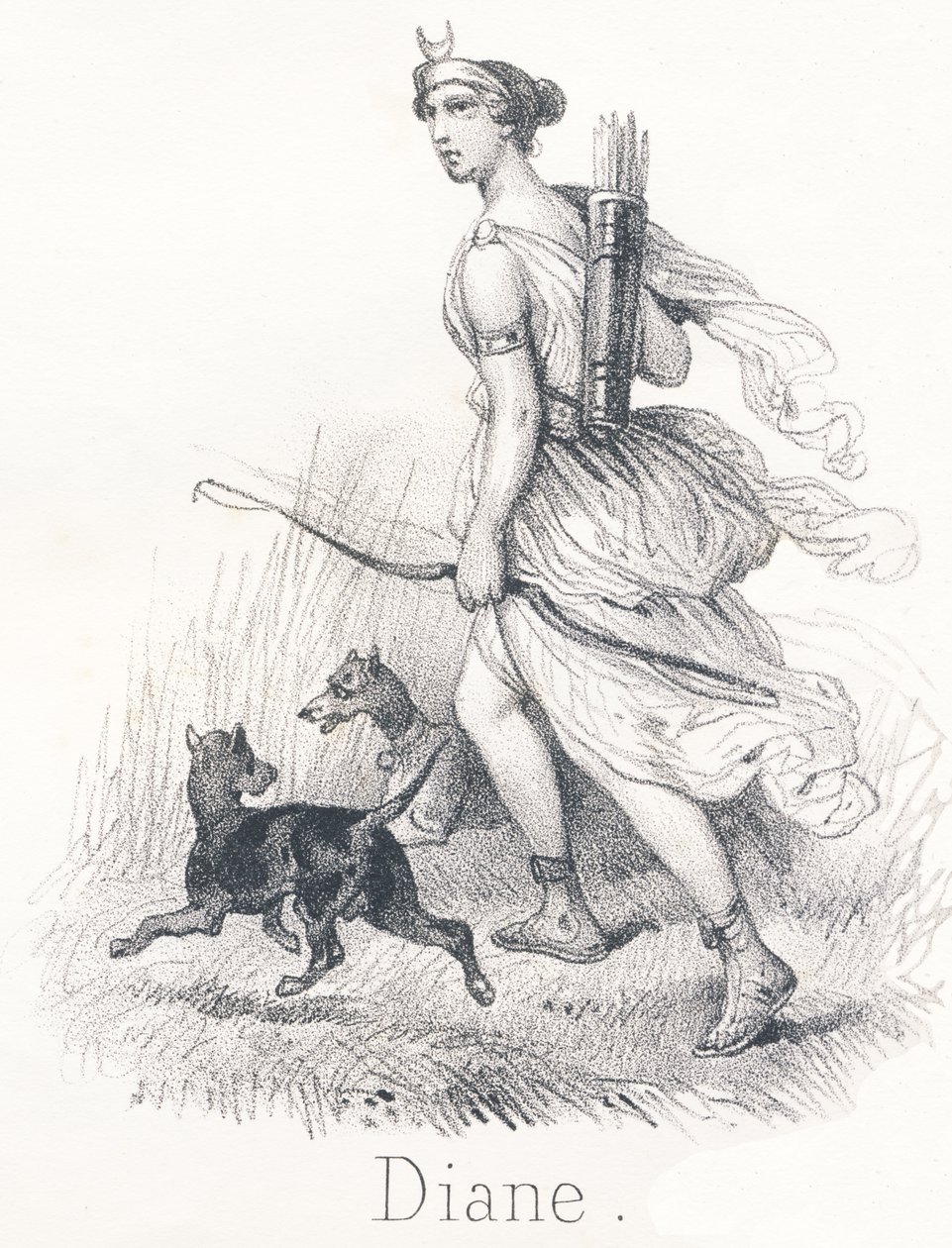 Diana: Irmã gêmea de Apolo No céu, ela era Phebe ou Lua, encarregada de iluminar a terra No inferno, ela era Hécate e presidia os julgamentos das almas Na terra, ela era Diana, deusa da caça de French School