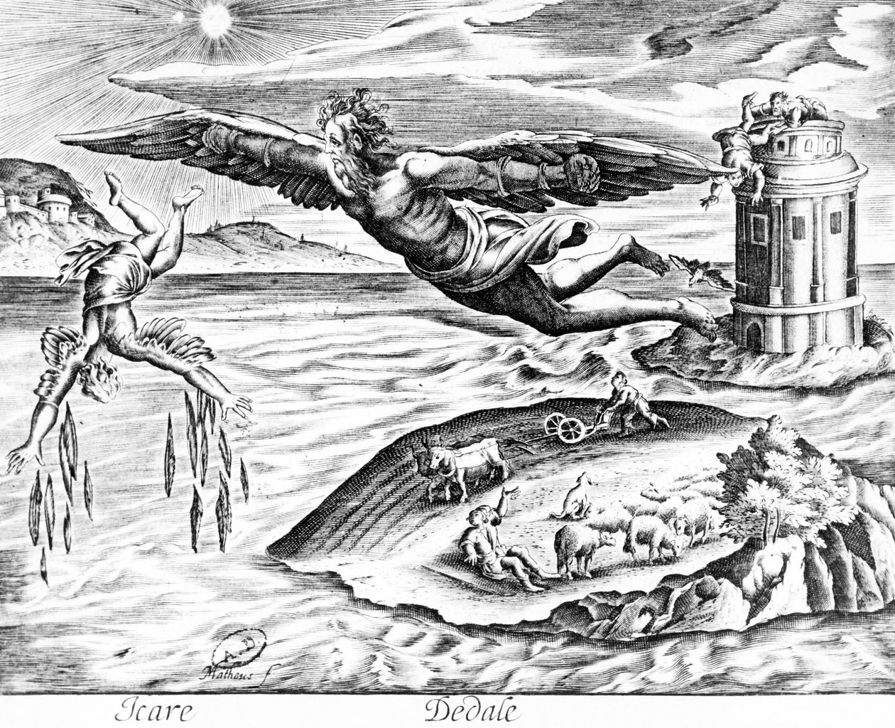 Dédalo escapando de Creta com seu filho, Ícaro, o vê caindo para a morte, 1619 de French School