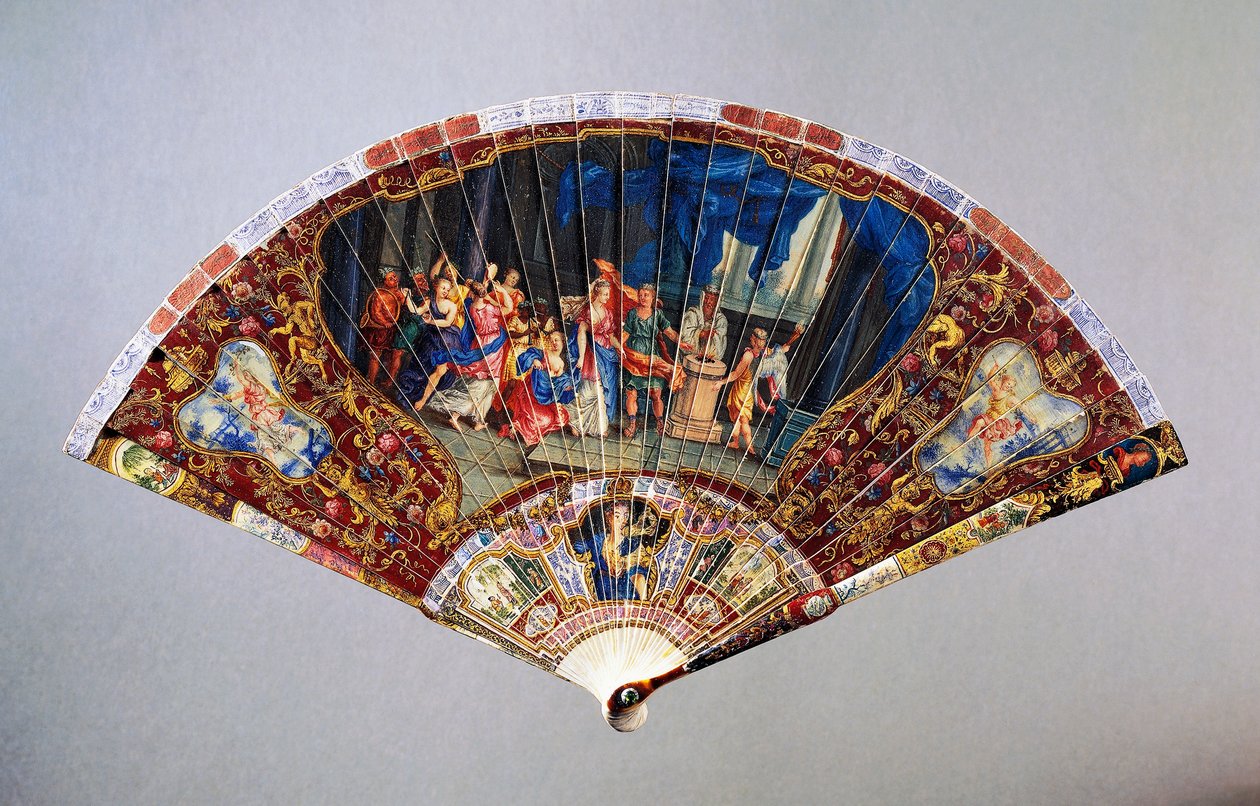 Vernis Martin danificado, ventilador de mão estilo Vernis Martin retratando Casamento de Nobreza, couro de cisne com pau de guarda em marfim pintado, altura 20,5 cm de French School