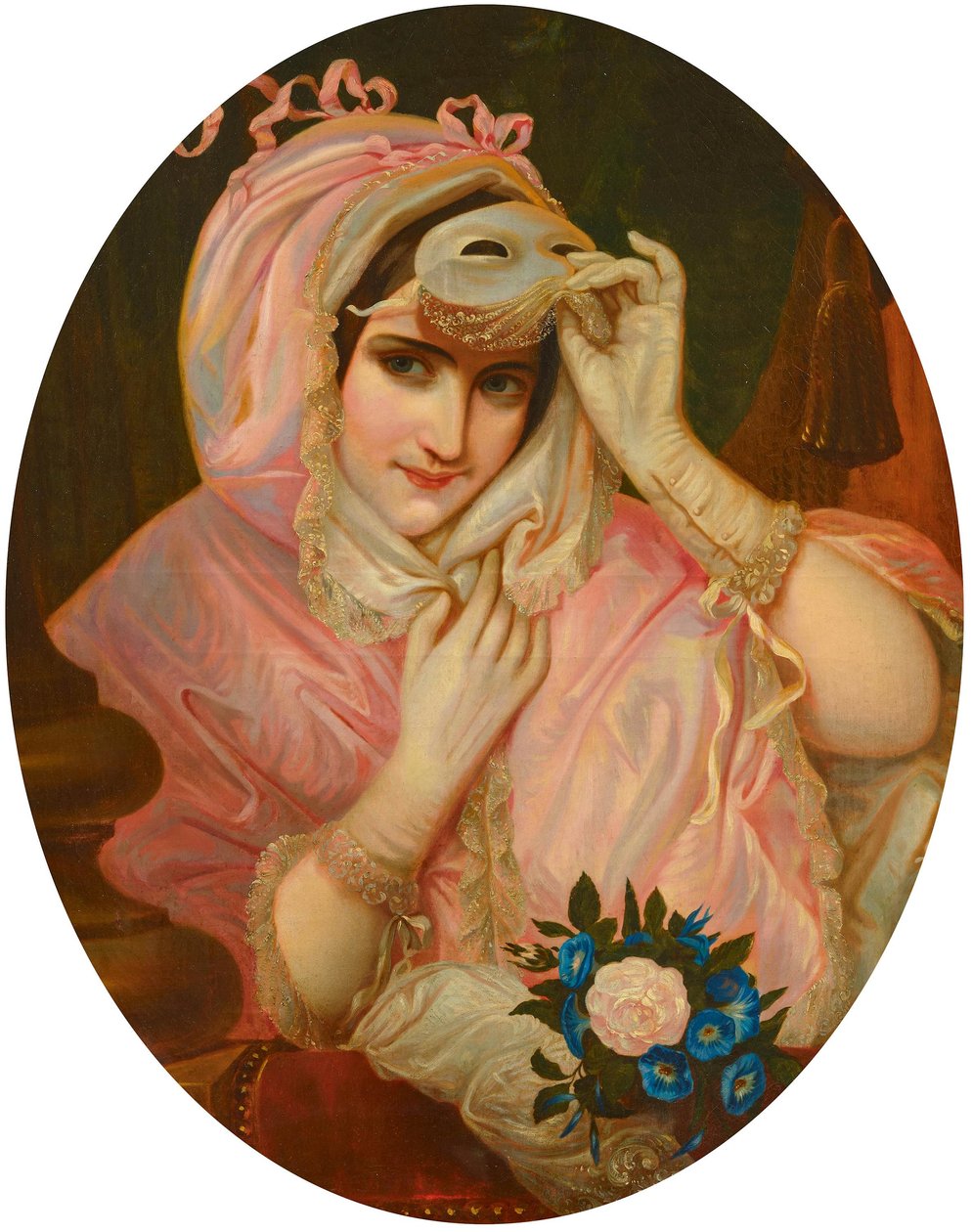 Senhora com máscara e roupão cor-de-rosa F19Jh de French School