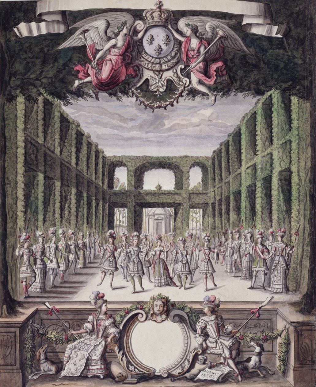 Dançar em um jardim formal, de uma coleção intitulada Les Menus Plaisirs du Roi (caneta e tinta e wc no papel) de French School