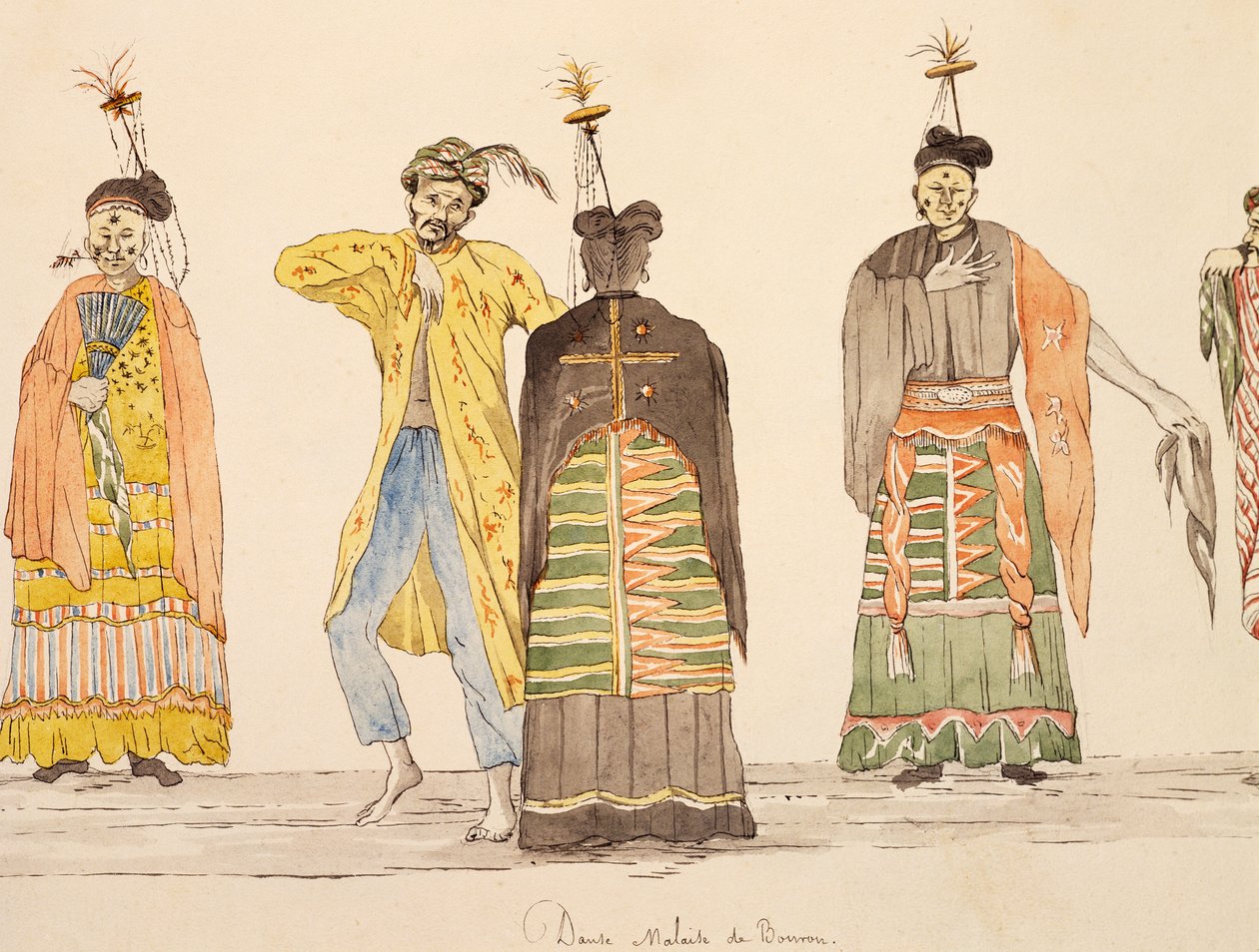 Dança indígena para Buru, Molucas, aguarela de Jules-Louis Lejeune, baseada na Voyage around world de French School