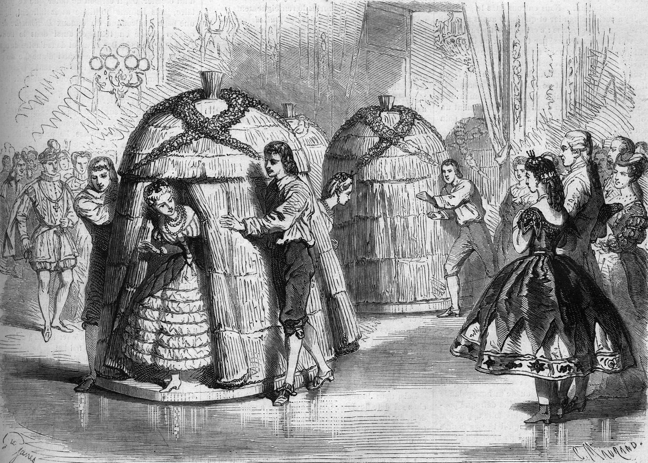 Espectáculo de dança no baile de máscaras dado pela Impressora Eugenie de Montijo: "A chegada das colmeias". Das colmeias saem quatro dançarinos. Gravura em "Le Monde Illustré" n°305 de 14 de Fevereiro de 1863. de French School