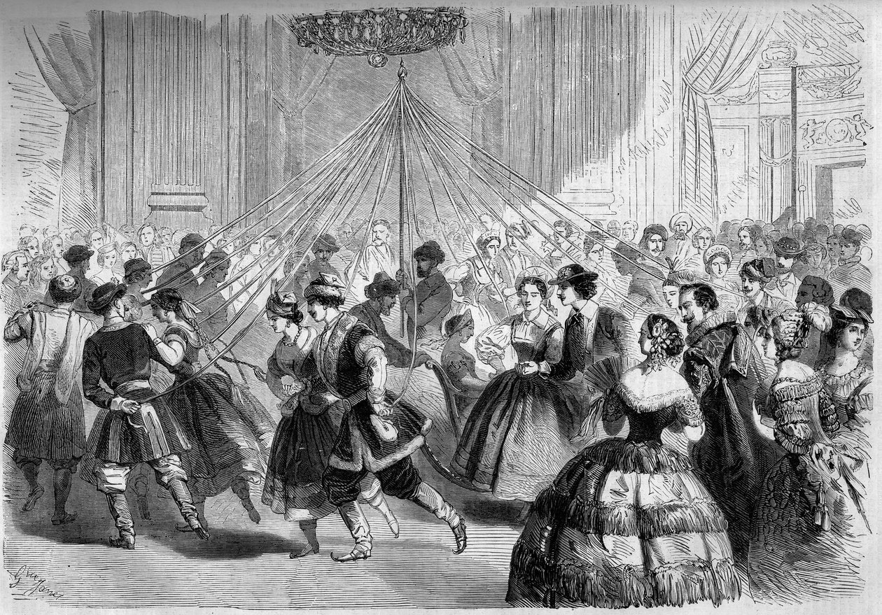 Dança: a grelha do patinador. Os dançarinos seguram uma fita cuja ponta está presa a uma planta de Maio no meio de um círculo. Cena na bola dada pelo Conde Walewski em 1861. Gravura em "Le Monde Illustré" n°202 de 23 de Fevereiro de 1861. de French School
