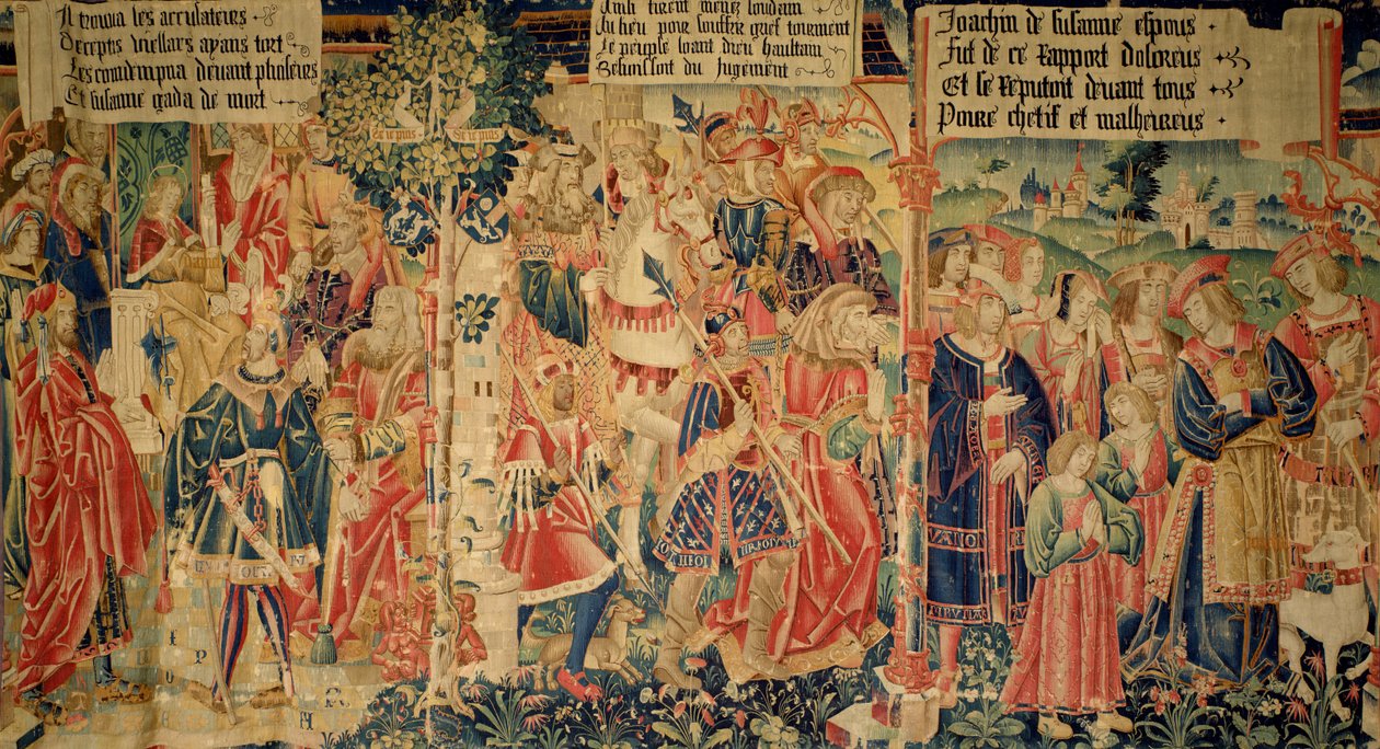 Daniel interrogando os Anciãos, os Anciãos levou à sua execução e Susanna chorando em seu caminho para o julgamento, painel da direita da História de Susanna de French School