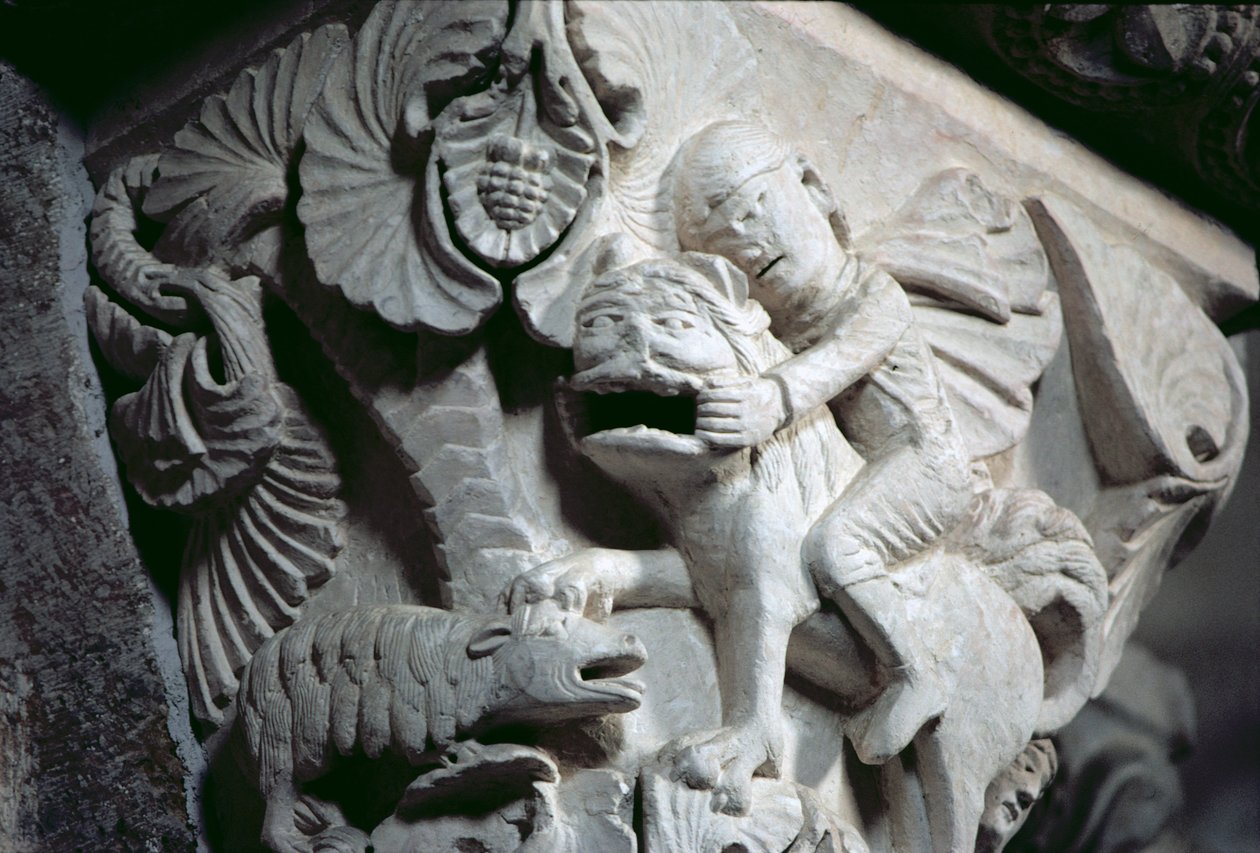 David Slaying the Lion (detalhe de uma capital) c.1130 (pedra) de French School