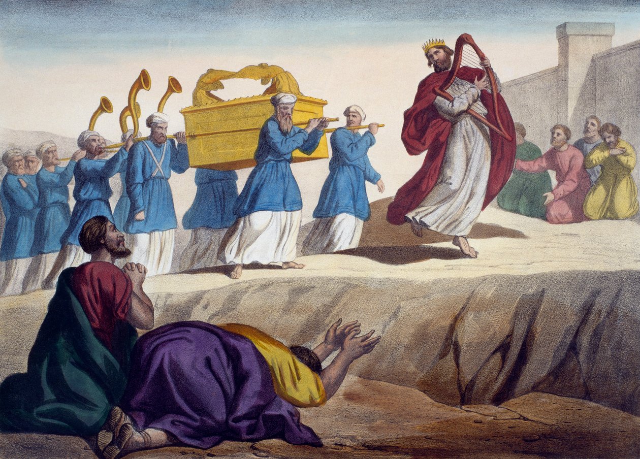 David escoltando a Arca da Aliança para Jerusalém, ilustração de um catecismo LHistoire Sainte, publicado por Charles Delagrave, Paris, final do século XIX de French School