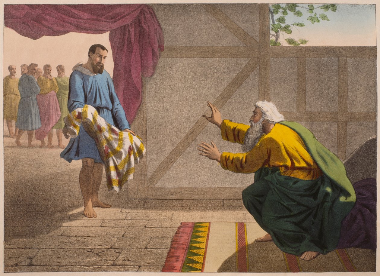 David mostrando a Saul uma peça da sua roupa, ilustração de um catecismo 