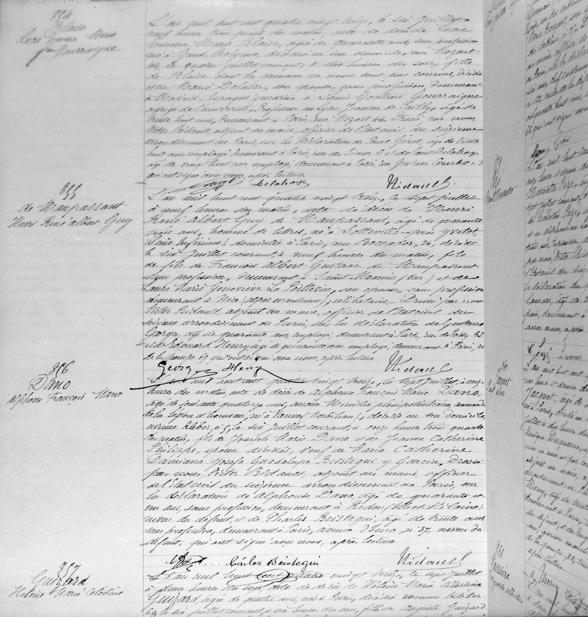 Certidão de óbito de Guy de Maupassant (1850-93) 7 de julho de 1893 (caneta e tinta no papel) (detalhe) (ver também 199747) de French School