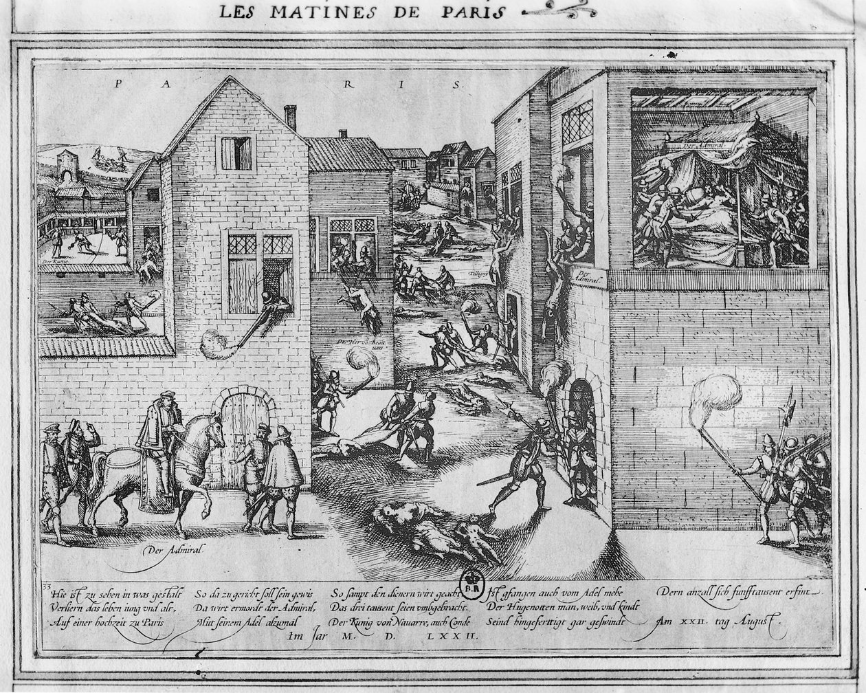 Morte do almirante Gaspard II de Coligny (1519-1772) na época do massacre de São Bartolomeu em 1572 (ver 187818 para cor) de French School
