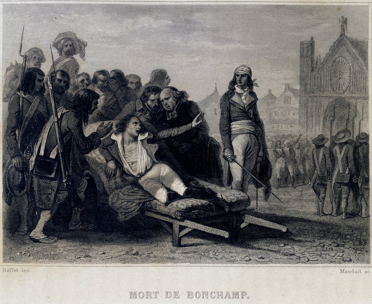 Morte de Bonchamp ou Bonchamps (1793) - em "Revolution francaise" de Thiers. Século XIX de French School