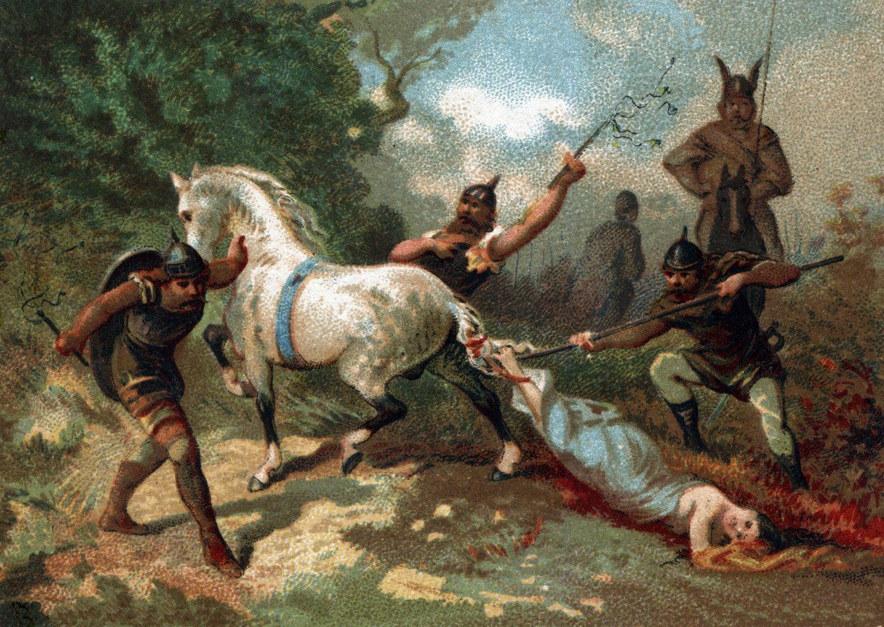 Morte de Brunehaut (ou Brunehilde) (amarrado à cauda de um cavalo indomável) ordenado por Clotaire II (613). Cromolitografia do final do século XIX. de French School