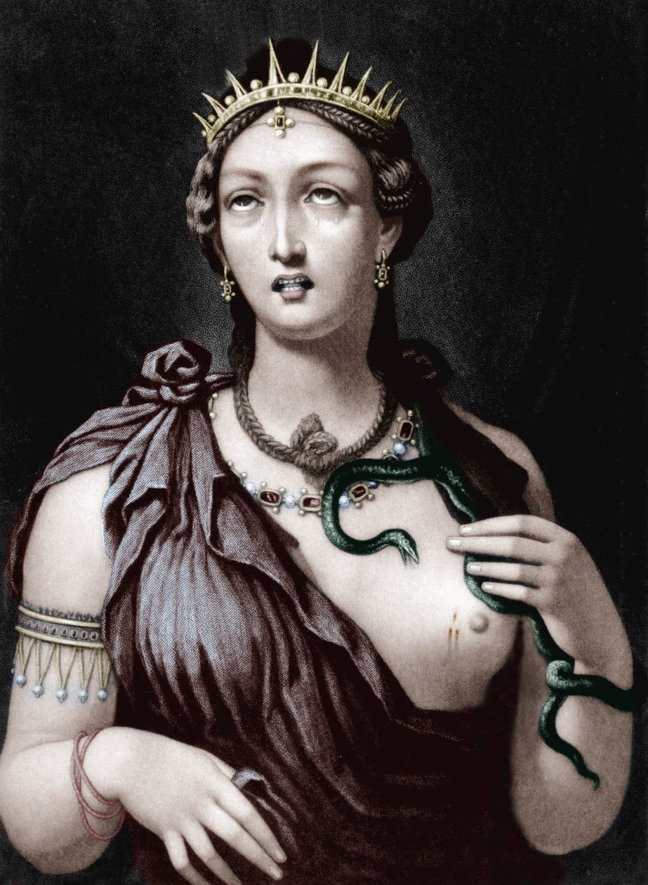 Morte de Cleópatra VII, Rainha macedónia do Egipto (gravura a cores) de French School