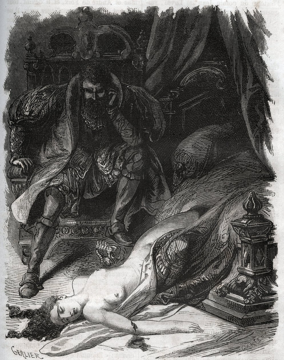Morte de Françoise de Foix, Condessa de Chateaubriant (ca. 1495-1537), assassinada pelo seu marido Jean de Laval Comte de Chateaubriant (Laval-Chateaubriant) (1486-1543), que assim se vingou dos infiéis da sua mulher. Gravura de 1871 em "Histoire Des de French School