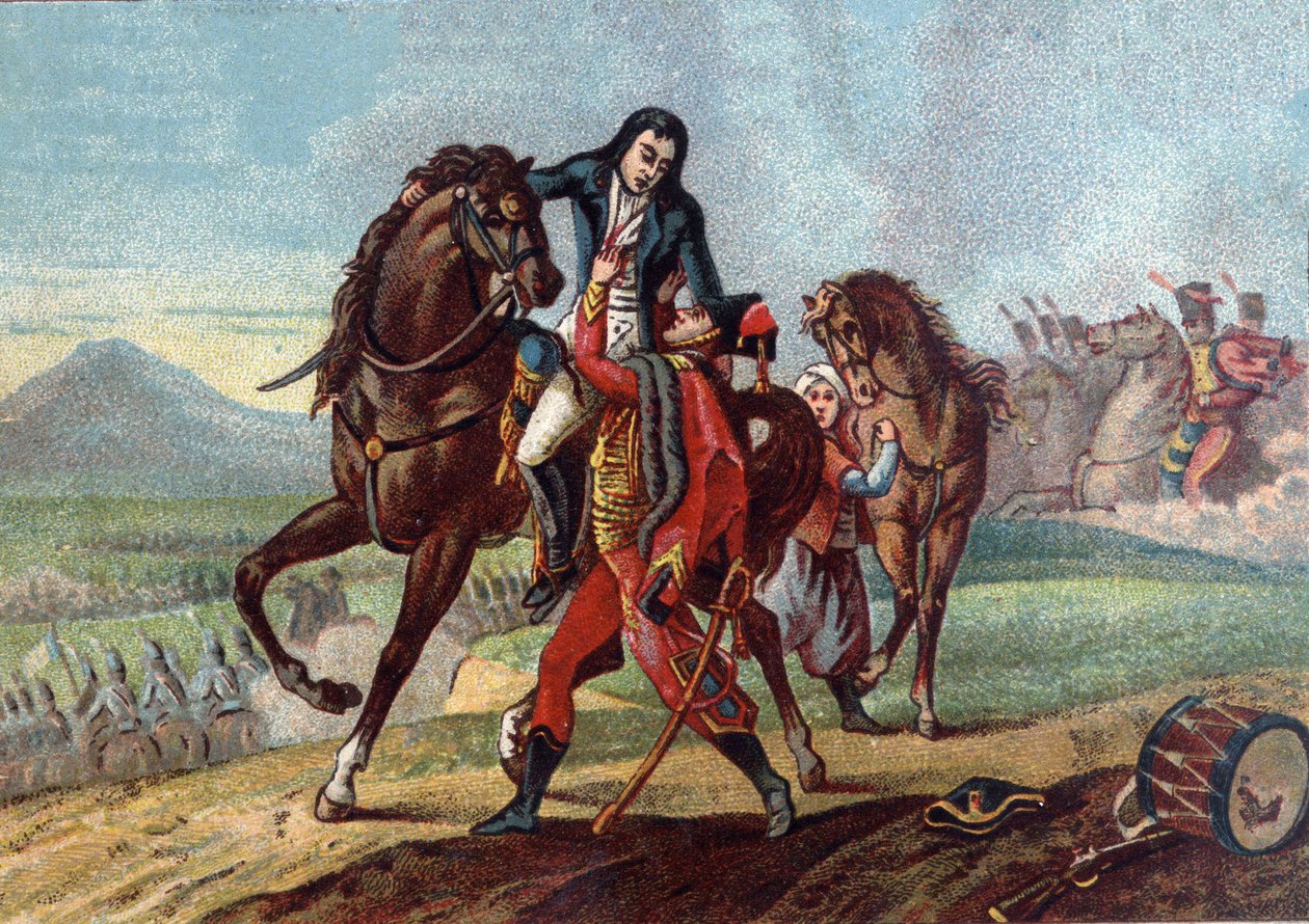 Morte do General Charles Antoine Desaix de Veygoux (1768-1800) nos braços do filho do Cônsul Lebrun na Batalha de Marengo de French School