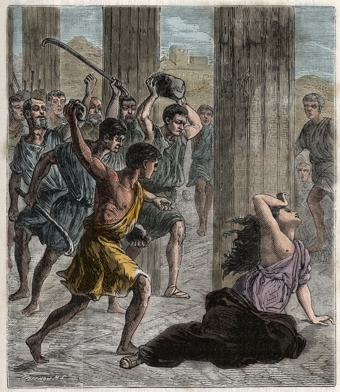 Morte da Hipatia - Hipatia (c370-415) matemático e filósofo (Neoplatonista) assassinado por seguidores de Cirilo, Patriarca de Alexandria - Morte da Hipatia - Gravura em "Ciências levadas ao alcance de todos - física e química" b de French School