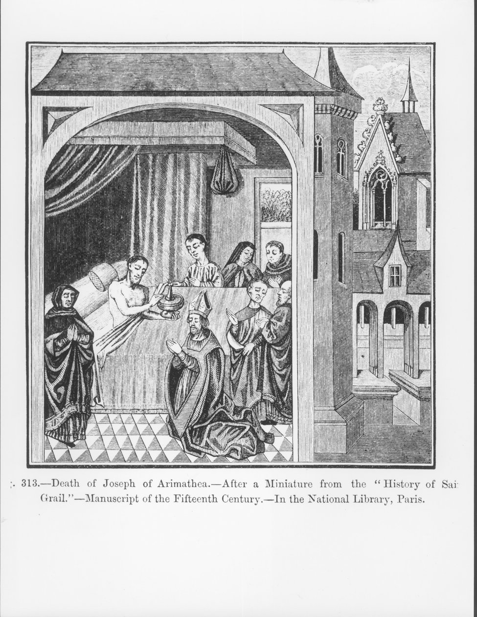 Morte de José de Arimatéia, da História de São Graal, ilustração da Ciência e Literatura da Idade Média e do Renascimento, escrita e gravada por Paul Lacroix, 1878 ( de French School