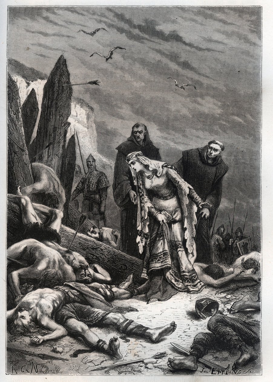 Morte do Rei Harold II (1022-1066) na Batalha de Hastings em 1066 - Edith Swannesha (Swanneck), conhecida como Edith la Juste (1025-1086) descobre o corpo de seu marido - Ealdgyth (Edith a Feira ou Edith Swanneschal), descobrindo o corpo de Harold Godwi de French School