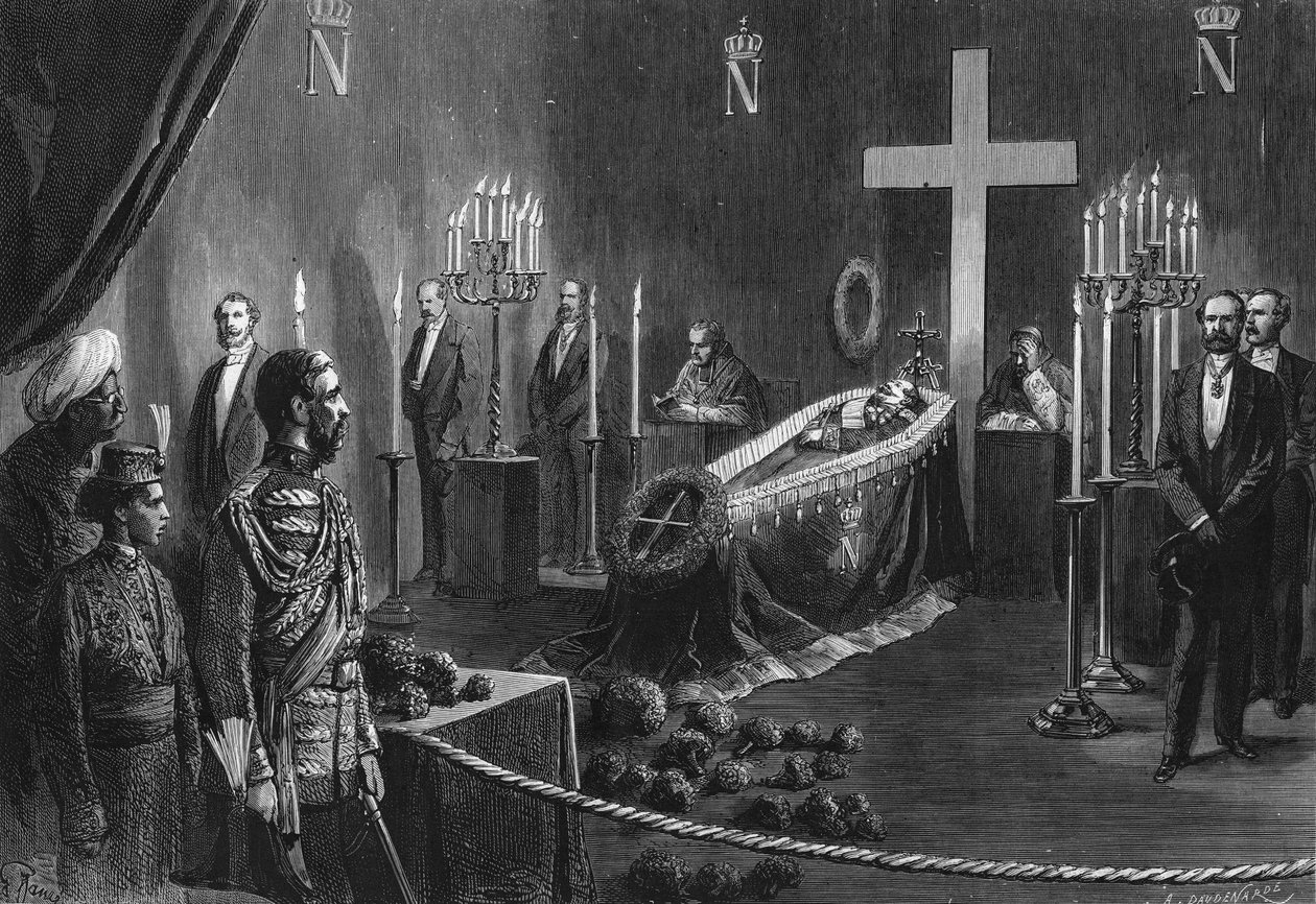Morte de Napoleão III: os restos mortais de Napoleão III na capela ardente da Casa Cambden em 14 de Fevereiro de 1873. de French School