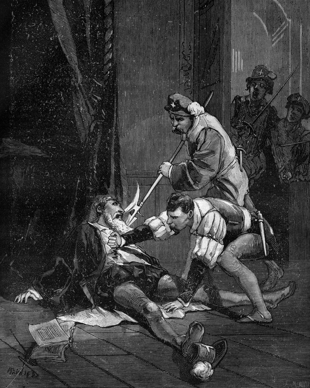 Morte de Petrus Ramus. Pierre de La Ramee Humanista, matemático e filósofo francês (1515 -1572). de French School
