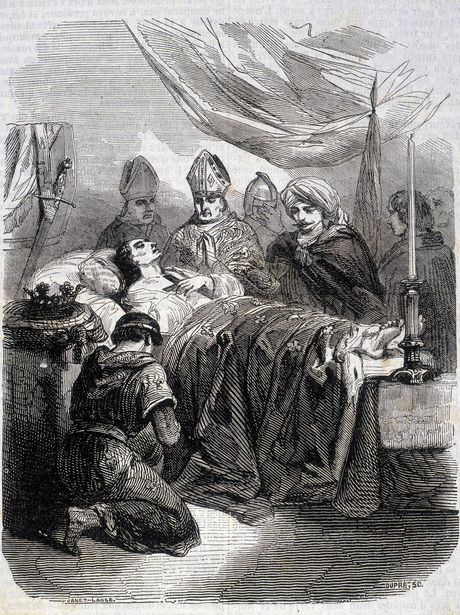 Morte de Saint Louis na Palestina em 1270 - no "Histoire de France" de L.-P. Anquetil de French School