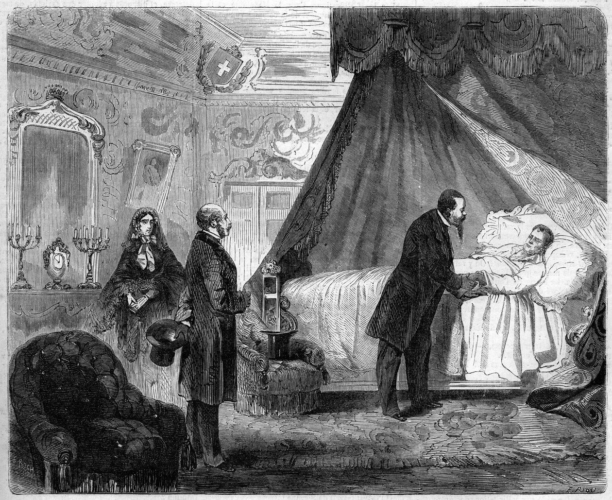 Morte do Conde de Cavour, 6 de Junho de 1861: Rei de Itália Victor Emmanuel II (Victor-Emmanuel) (Vittorio Emanuele) (1820-1878) visitando Camillo Benso, Conde de Cavour (1810-1861), um dia antes da sua morte. Gravura em "Le Monde Illustré" n°218 de 15 de  de French School