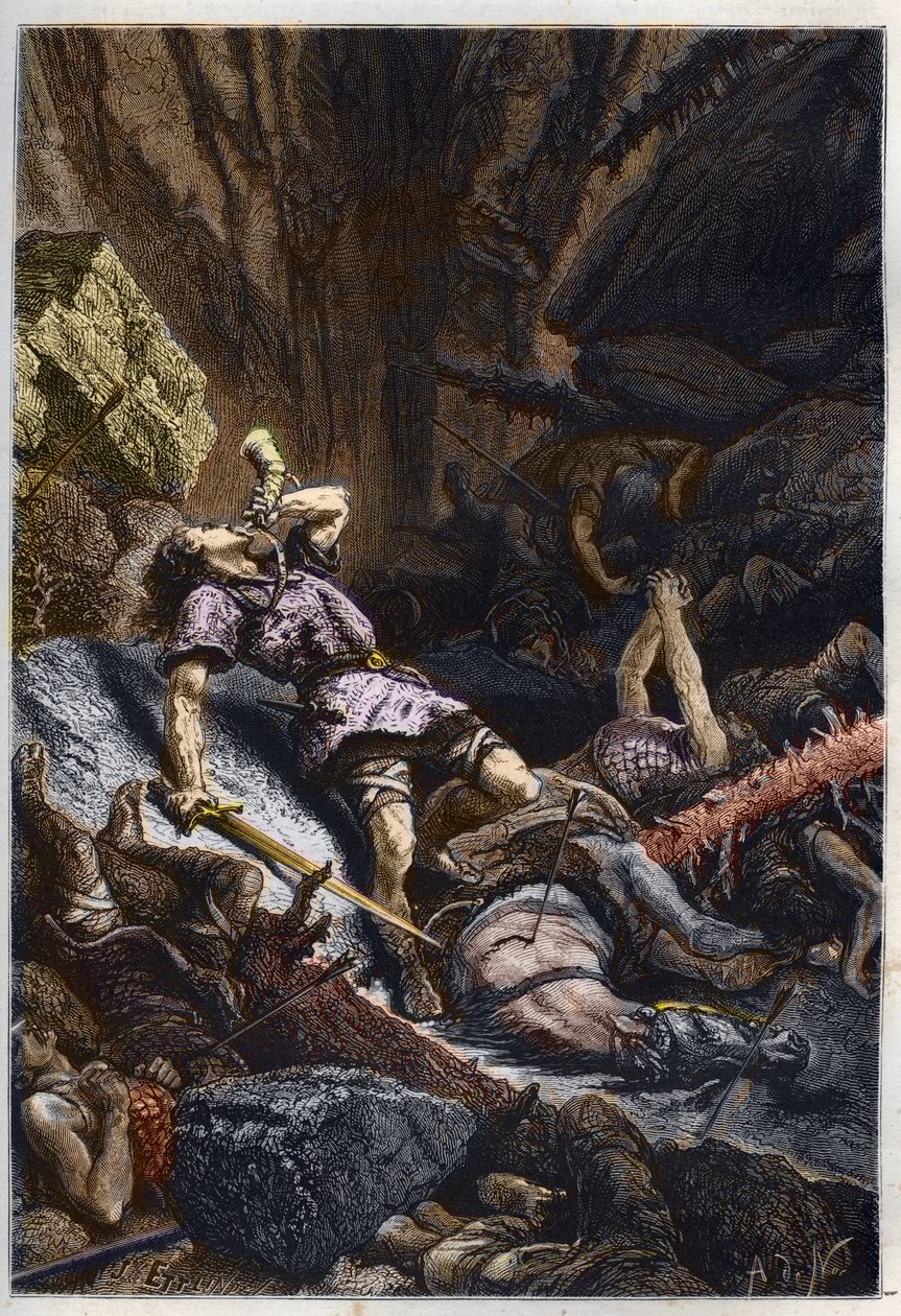 Morte do Cavaleiro Roland, sobrinho de Carlos Magno, na Batalha de Roncevaux (778) contra a Armada de Carlos Magno e os Sarracenos - Morte de Roland na batalha de Roncesvaux Pass, 778 - gravura de "L
