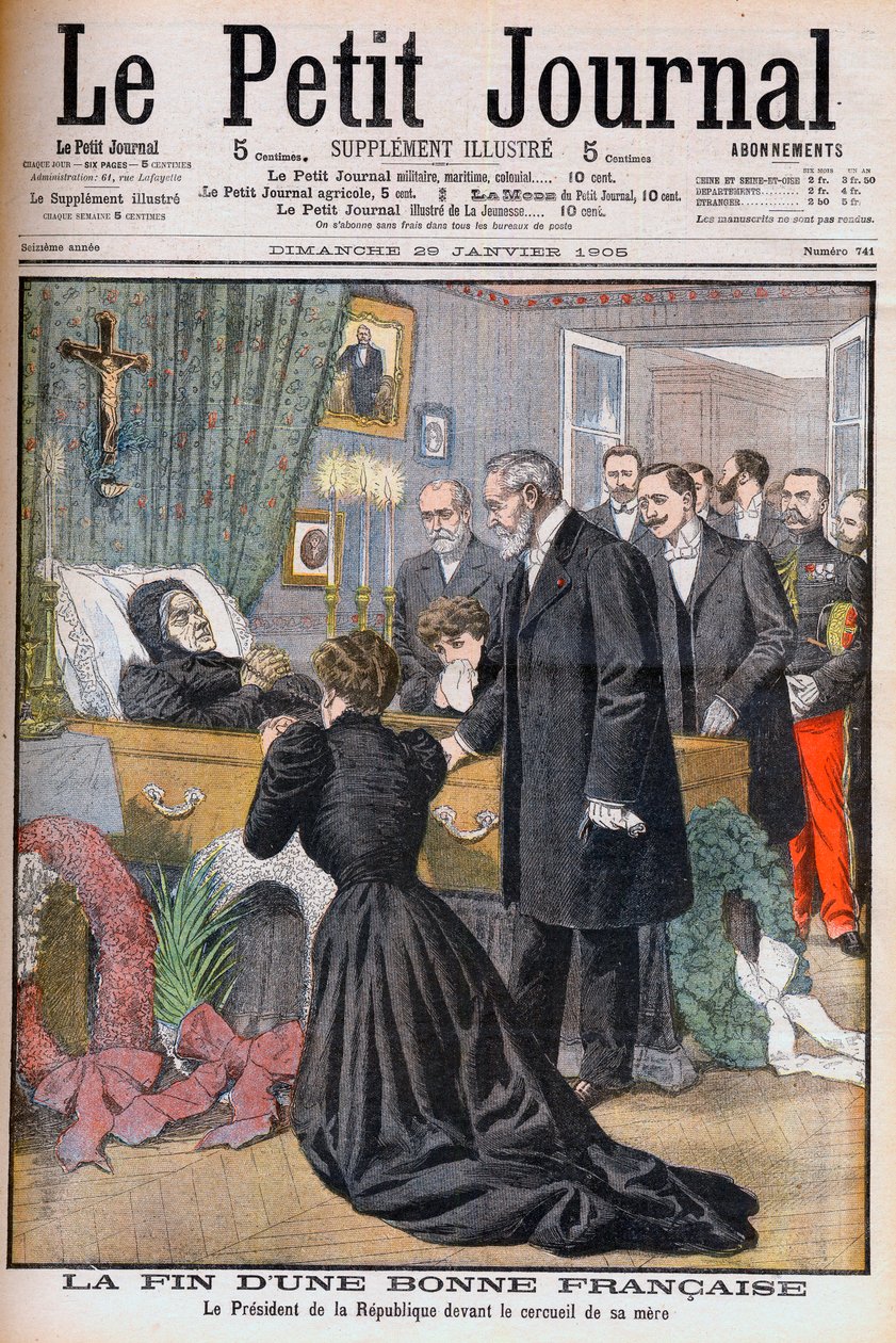 Morte da mãe do Presidente Loubet de França. O fim de uma boa mulher francesa. O Presidente da República em frente ao caixão da sua mãe. Ilustração para o Jornal Le Petit, 29 de Janeiro de 1905 (gravura) de French School
