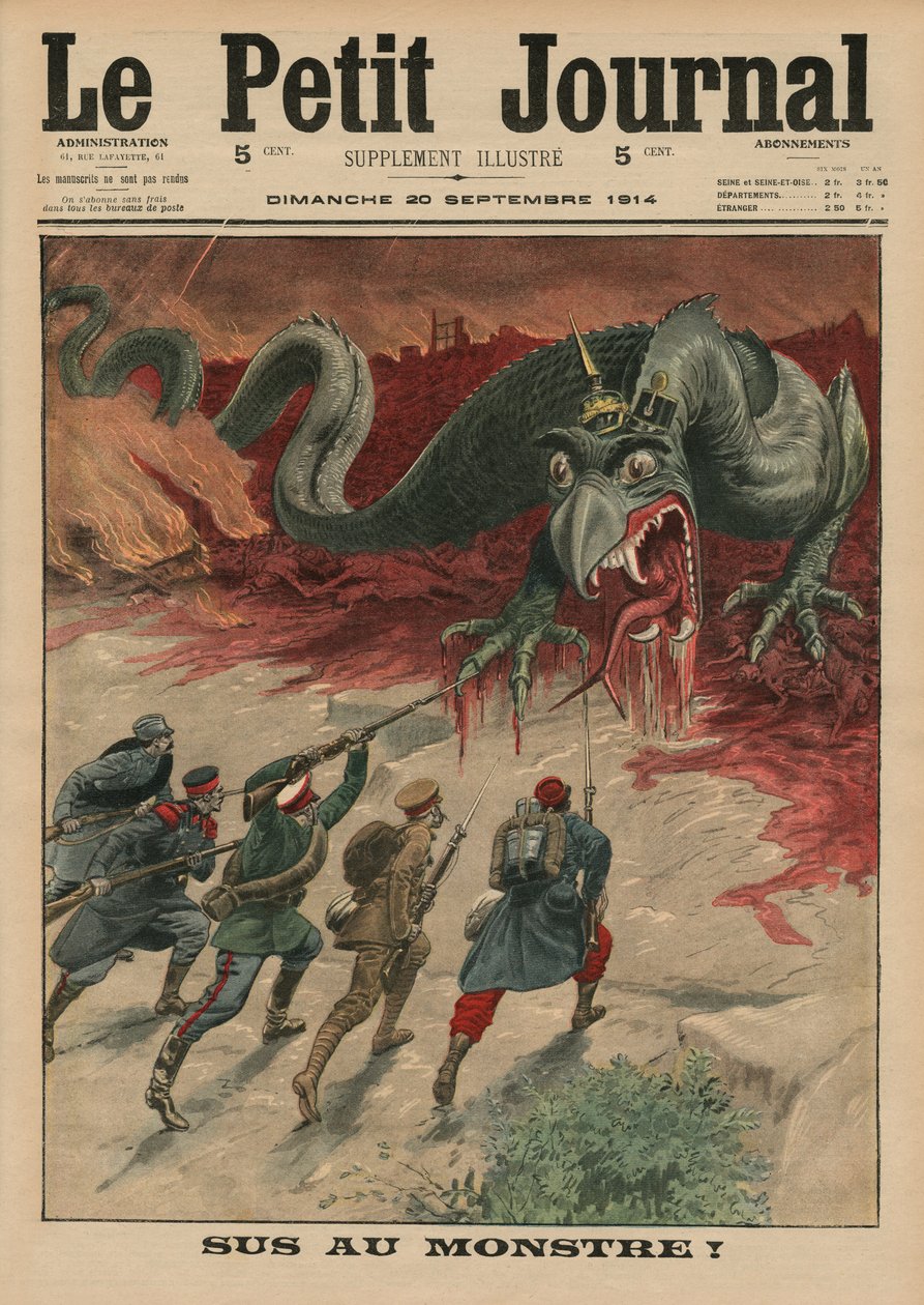 Morte ao monstro, ilustração da capa do &39;Le Petit Journal&39;, suplemento ilustrativo, 20 de setembro de 1914 de French School