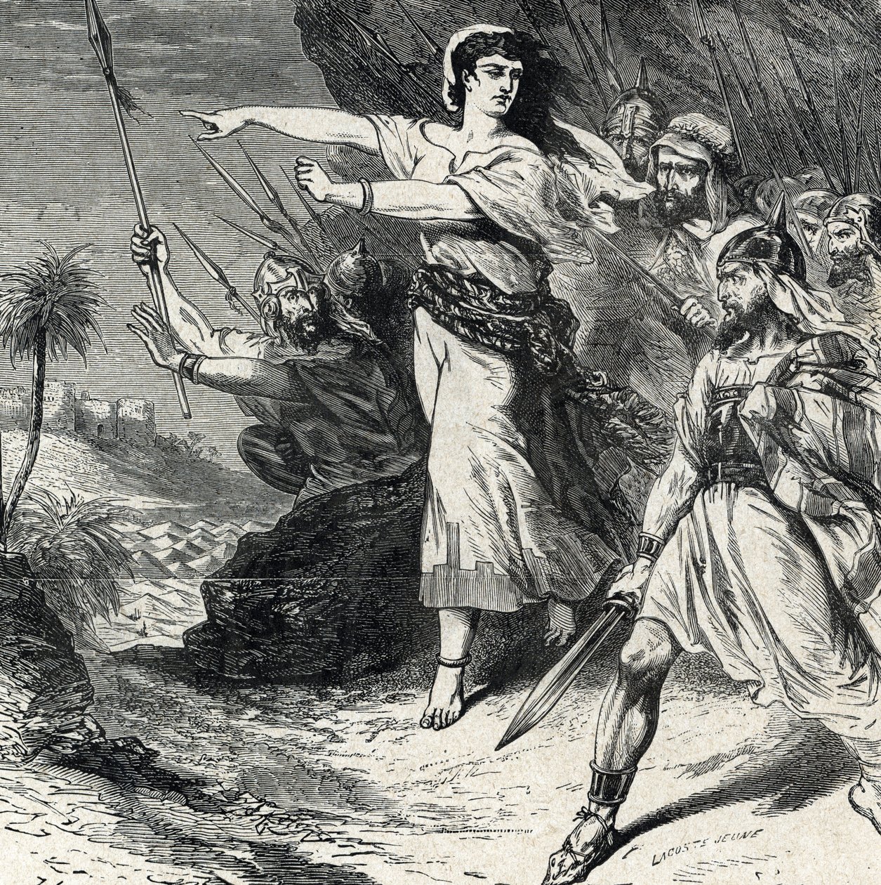 Débora leva o povo de Israel oprimido por Jabin, o rei de Canaã, a lutar. Gravura da "História Sagrada" da Colecção Privada do século XIX de Lahure de French School