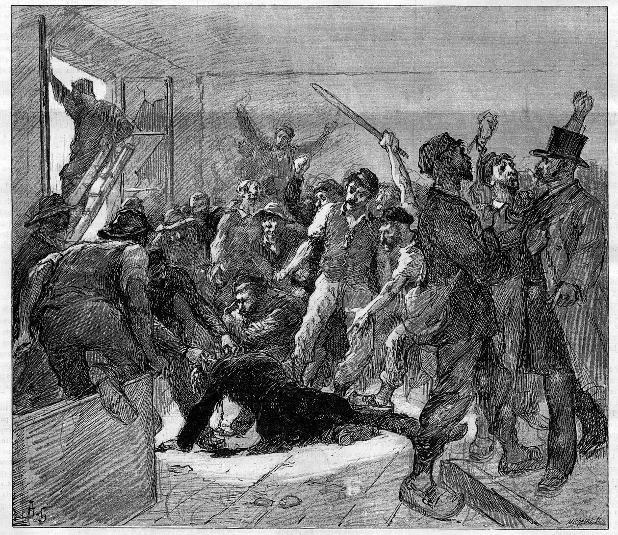 Os mineiros de Decazeville (Aveyron) atacam em 1886: o engenheiro Watrin foi assassinado pelos Grevists. Gravação em "Le Monde Illustré", 6 de Fevereiro de 1886. de French School