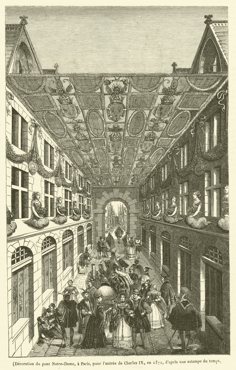 Decoração da Ponte de Notre-Dame em Paris para a entrada de Carlos IX em 1571 (gravura) de French School
