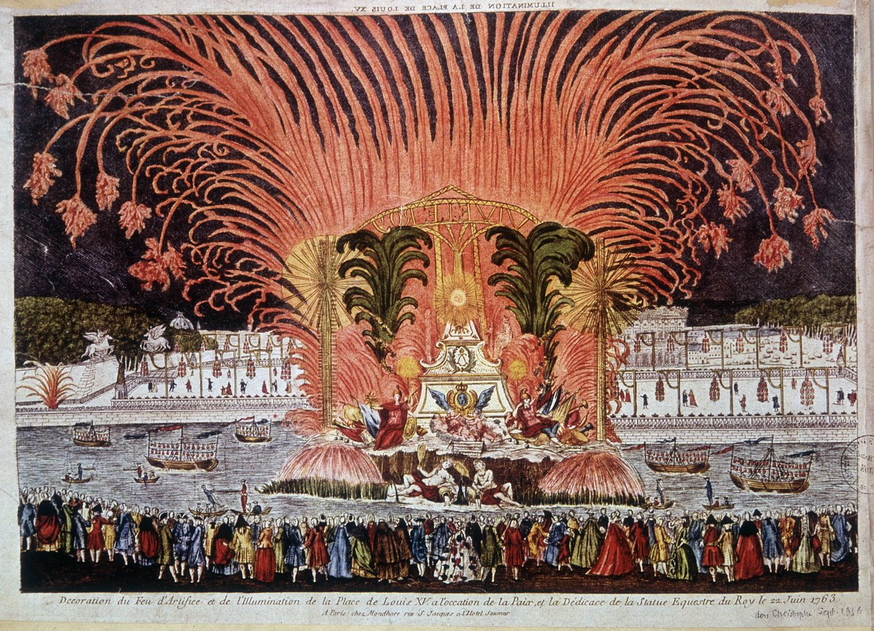 Decoração dos fogos de artifício e iluminação da Praça de Luís XV por ocasião da Paz e a dedicação da estátua equestre do rei em 22 de Junho de 1763 de French School