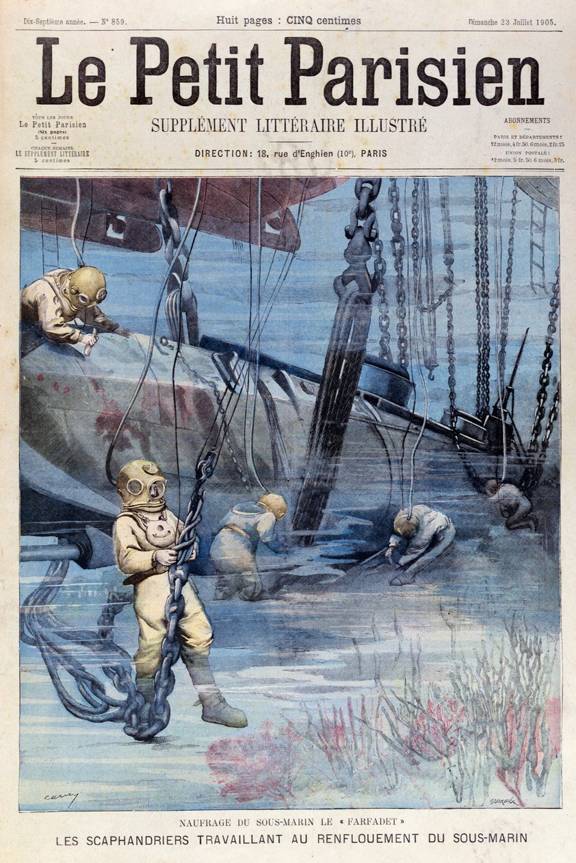 Mergulhadores do Mar Profundo que Tentam Levantar o Farfadet, de Le Petit Parisien, 23 de julho de 1905 de French School