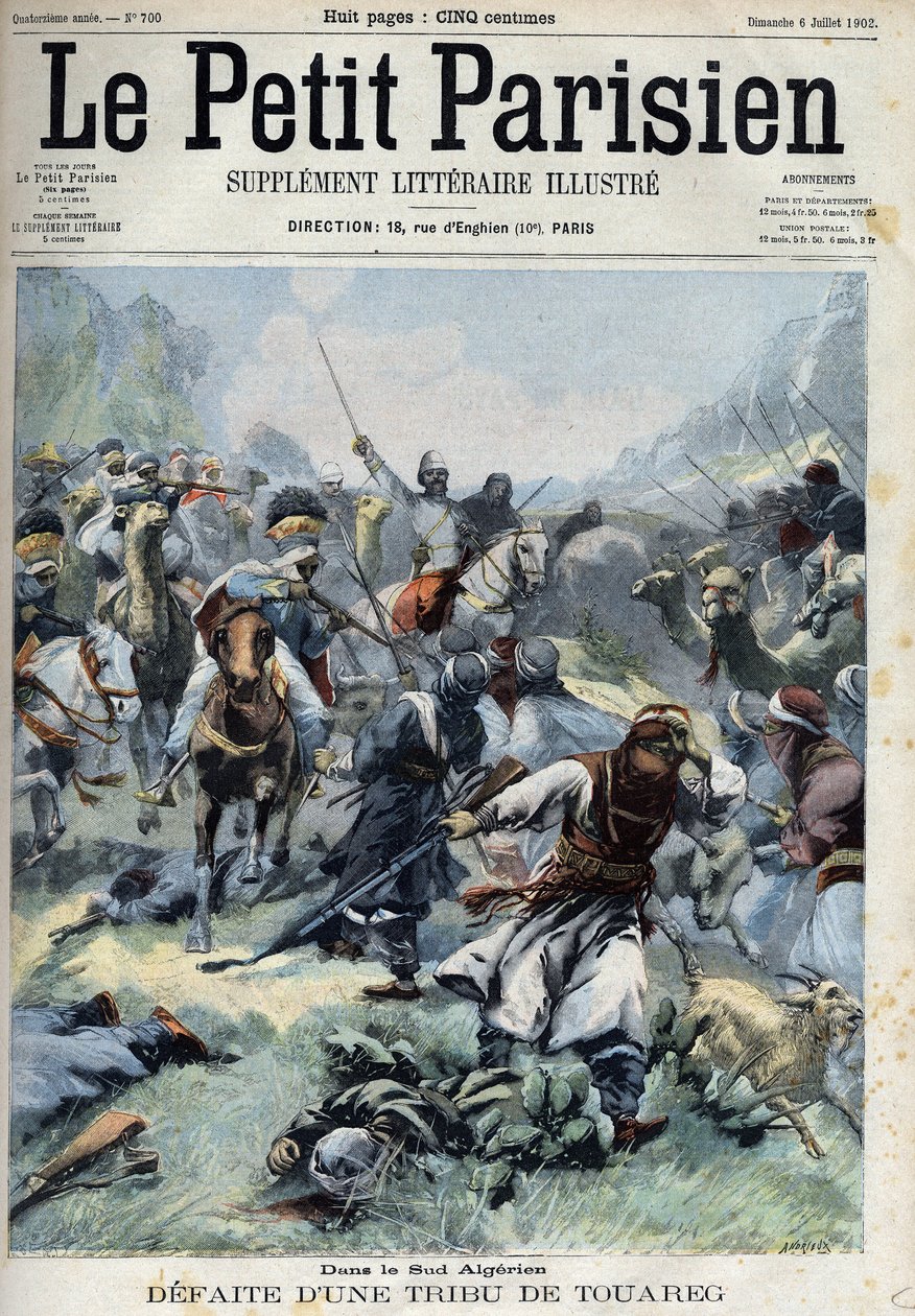 Derrotou uma tribo tuaregue contra os franceses no sul da Argélia, em "Le petit Parisien". de French School
